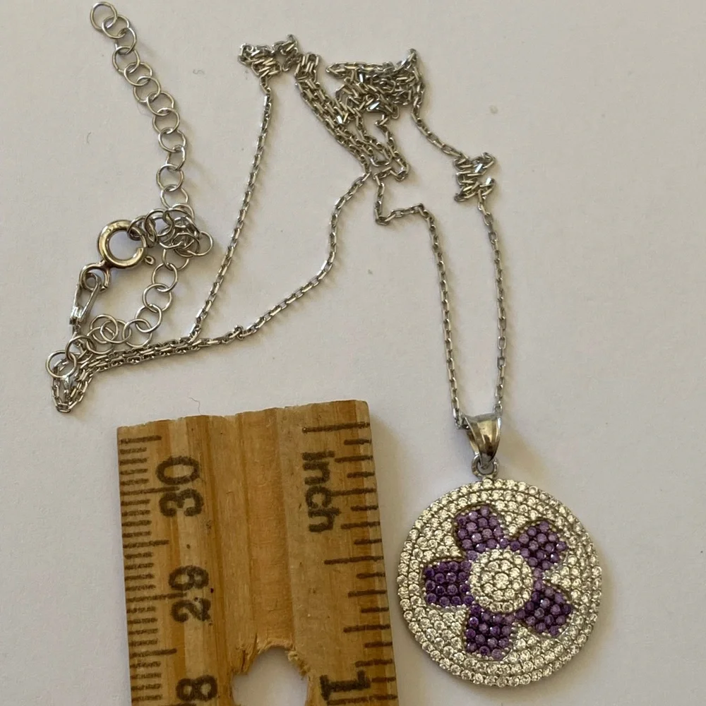 925 Silver purple flower round cz stones necklace